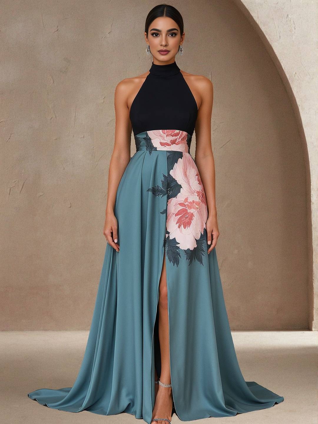 Cocolii longue robe de soirée en satin imprimé à fleurie fendu licou sans manches casual élégan bal de promo cérémonie