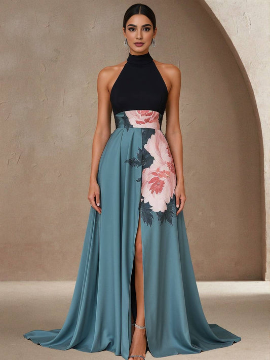 Cocolii longue robe de soirée en satin imprimé à fleurie fendu licou sans manches casual élégan bal de promo cérémonie