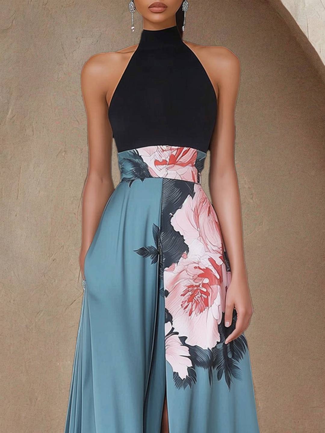 Cocolii longue robe de soirée en satin imprimé à fleurie fendu licou sans manches casual élégan bal de promo cérémonie