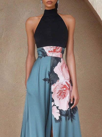 Cocolii longue robe de soirée en satin imprimé à fleurie fendu licou sans manches casual élégan bal de promo cérémonie