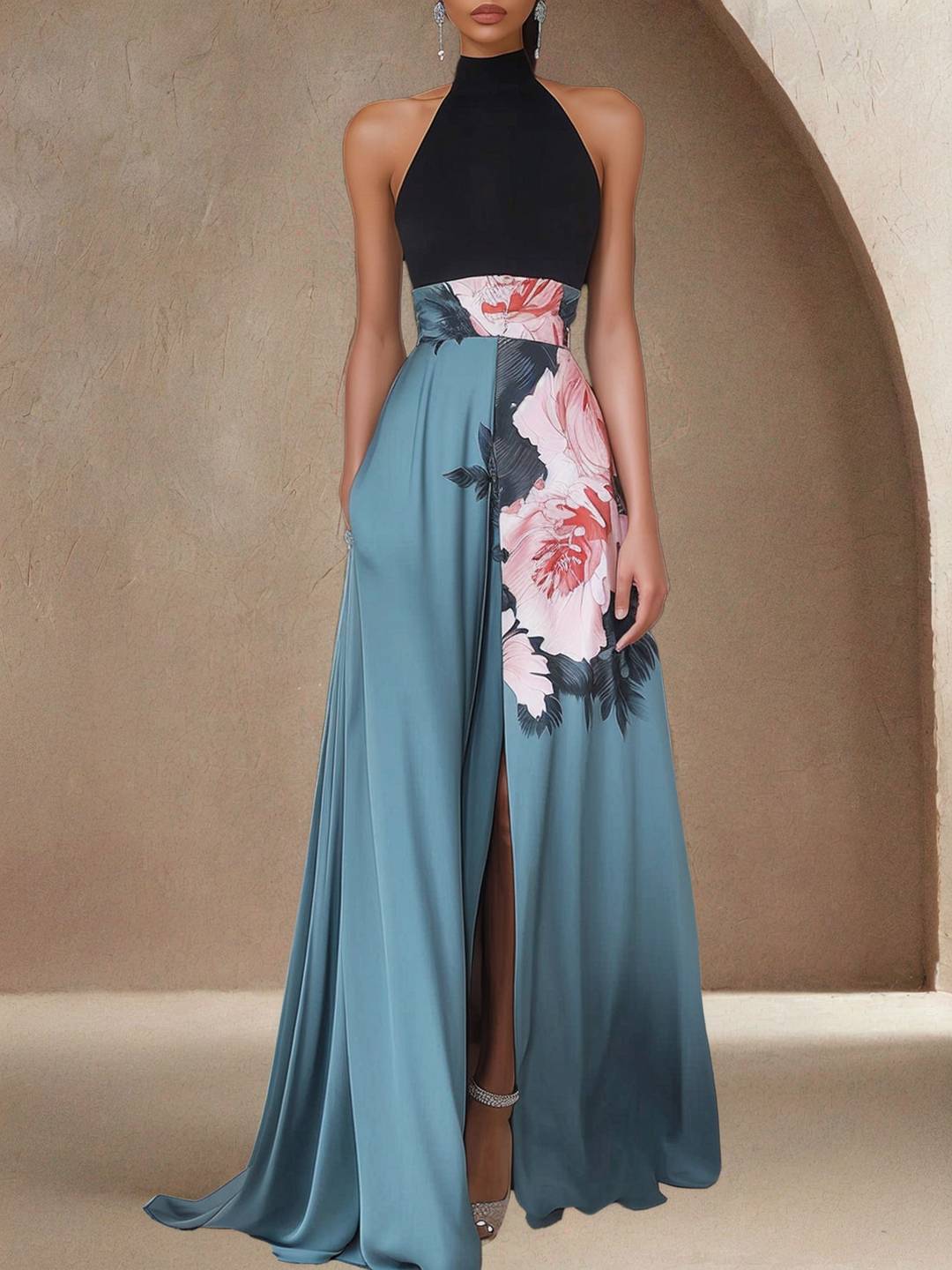 Cocolii longue robe de soirée en satin imprimé à fleurie fendu licou sans manches casual élégan bal de promo cérémonie