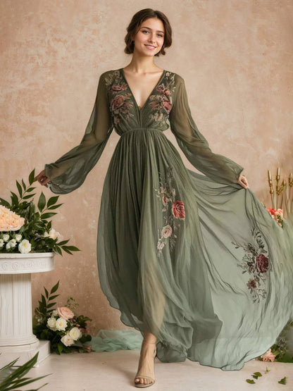 Cocolii robe longue mousseline imprimé à fleurie fluide v-cou manches longues femme décontracté vintage soirée de plage