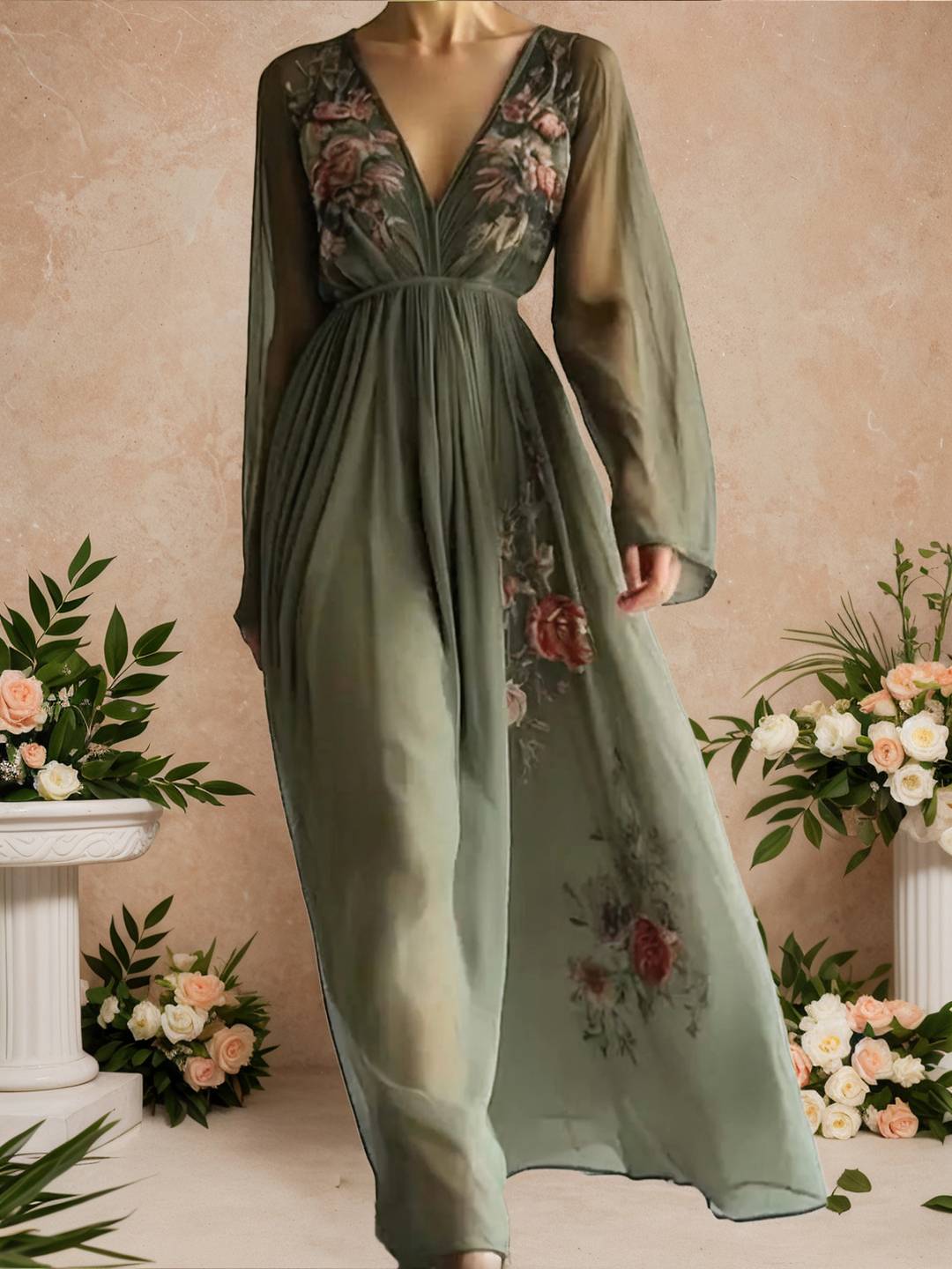 Cocolii robe longue mousseline imprimé à fleurie fluide v-cou manches longues femme décontracté vintage soirée de plage