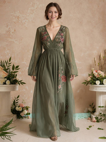 Cocolii robe longue mousseline imprimé à fleurie fluide v-cou manches longues femme décontracté vintage soirée de plage