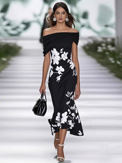 Cocolii longue robe moulante imprimé à fleurie une épaule col bateau sirene nœud sans manches élégant bal de promo de cocktail