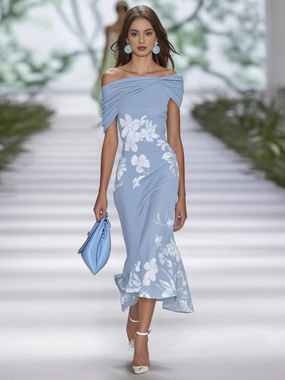 Cocolii longue robe moulante imprimé à fleurie une épaule col bateau sirene nœud sans manches élégant bal de promo de cocktail