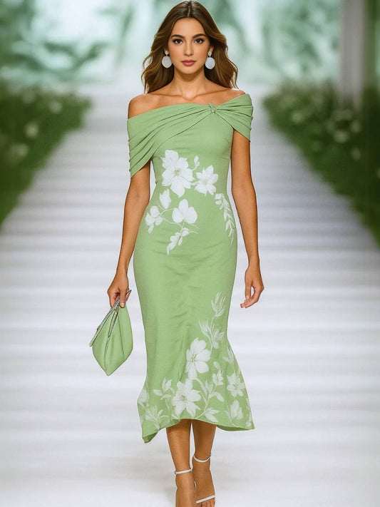 Cocolii longue robe moulante imprimé à fleurie une épaule col bateau sirene nœud sans manches élégant bal de promo de cocktail