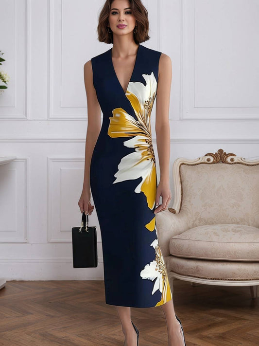Cocolii longue robe de cocktail imprimé à fleurie v-cou sans manches femme élégant chic pour toutes occasions