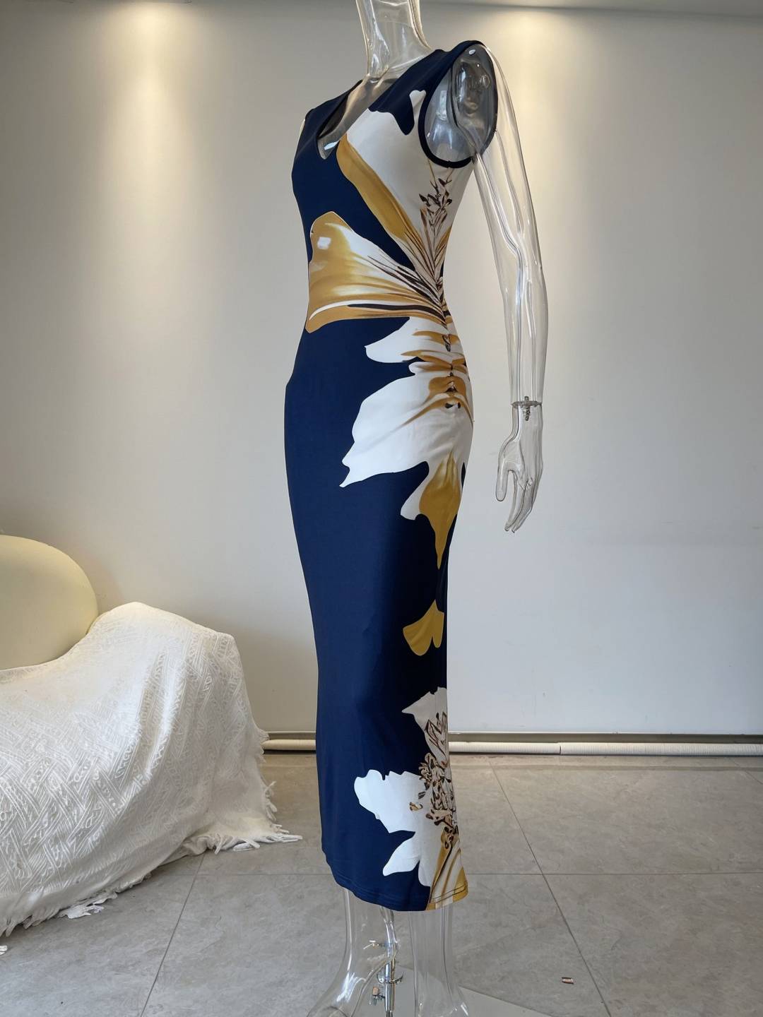 Cocolii longue robe de cocktail imprimé à fleurie v-cou sans manches femme élégant chic pour toutes occasions