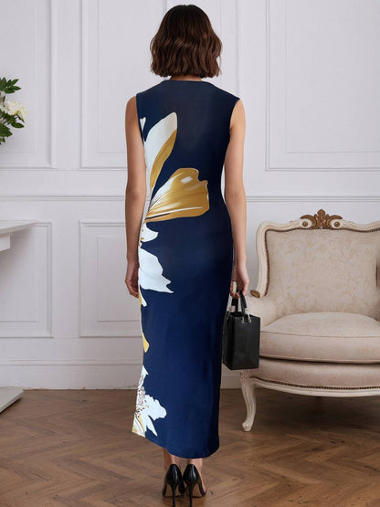 Cocolii longue robe de cocktail imprimé à fleurie v-cou sans manches femme élégant chic pour toutes occasions