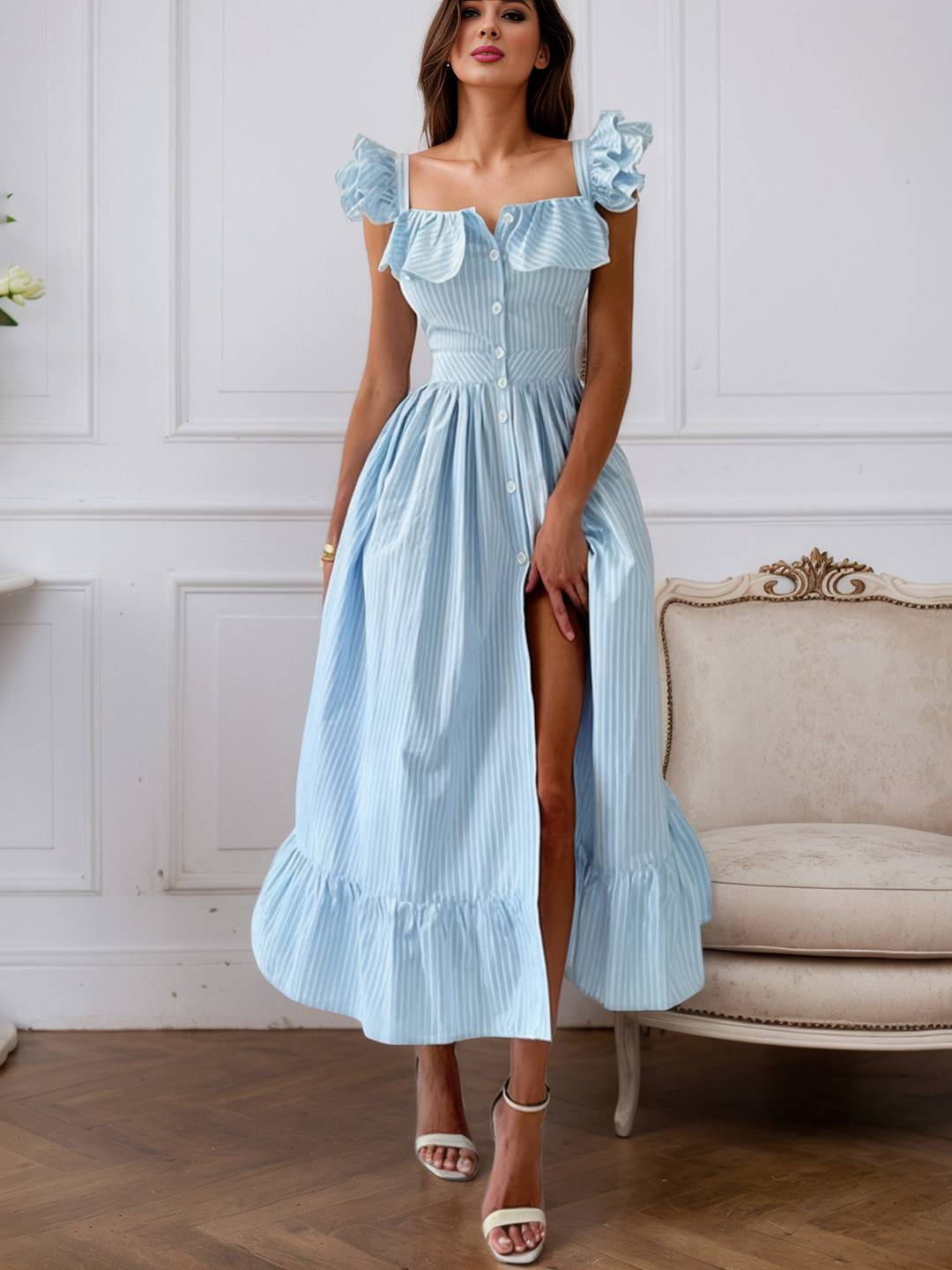 Cocolii robe longue rayé fendu à volantée boutonnage col carré femme casual doux élégant décontracté de plage