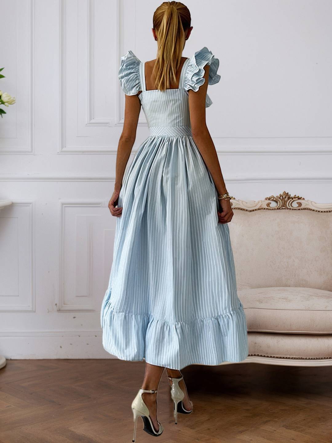 Cocolii robe longue rayé fendu à volantée boutonnage col carré femme casual doux élégant décontracté de plage