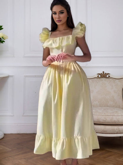 Cocolii robe longue rayé fendu à volantée boutonnage col carré femme casual doux élégant décontracté de plage