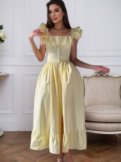 Cocolii robe longue rayé fendu à volantée boutonnage col carré femme casual doux élégant décontracté de plage