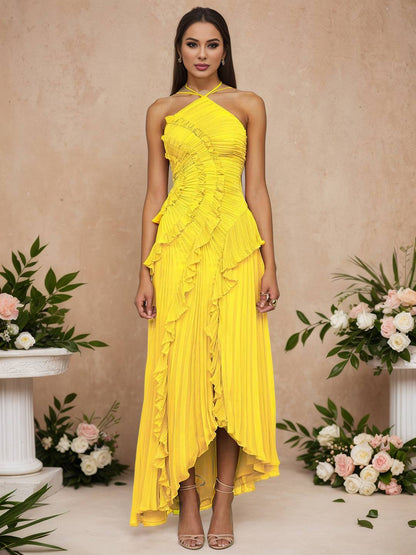 Cocolii longue robe de soirée licou plissé irrégulière fendu le côté dos nu sans manches élégant bal de promo occasions spéciales