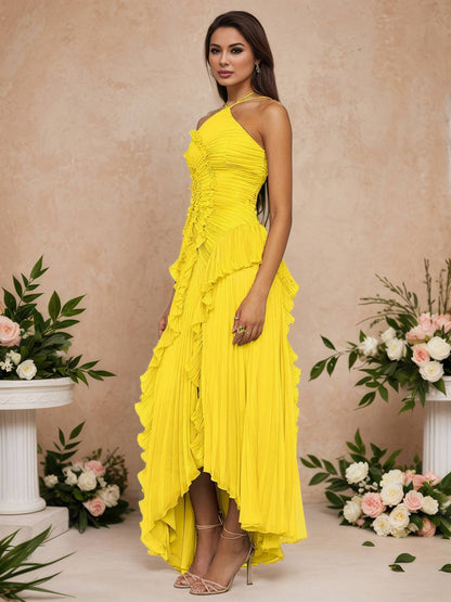 Cocolii longue robe de soirée licou plissé irrégulière fendu le côté dos nu sans manches élégant bal de promo occasions spéciales