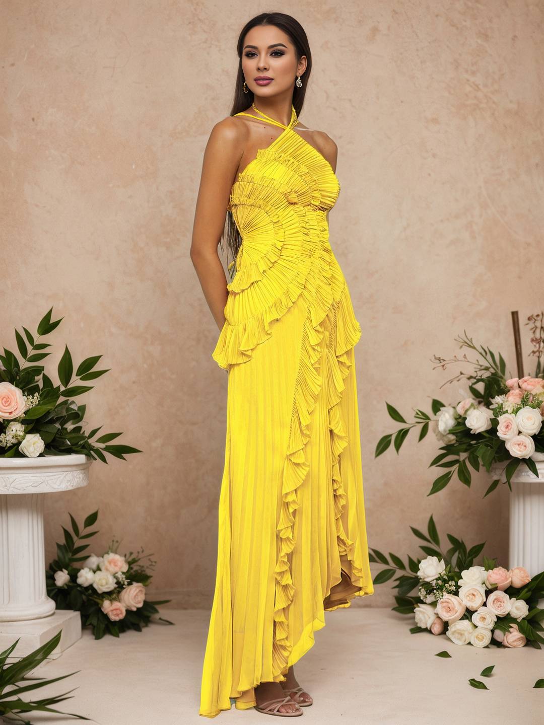 Cocolii longue robe de soirée licou plissé irrégulière fendu le côté dos nu sans manches élégant bal de promo occasions spéciales