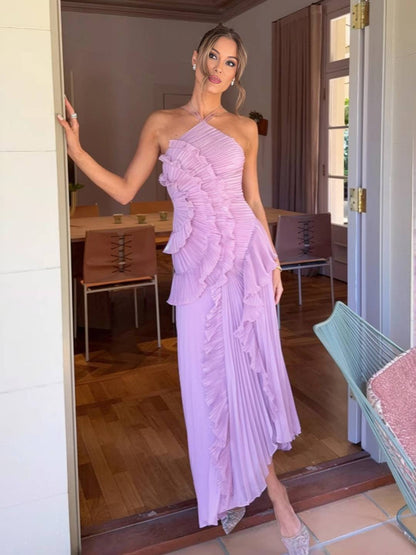 Cocolii longue robe anniversaire irrégulière fendu le côté plissé dos nu licou sans manches élégant pour mariage cérémonie