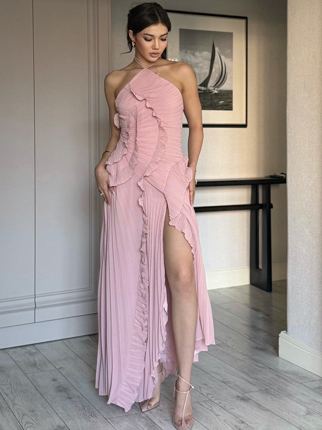 Cocolii longue robe anniversaire irrégulière fendu le côté plissé dos nu licou sans manches élégant pour mariage cérémonie