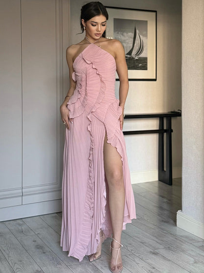 Cocolii longue robe anniversaire irrégulière fendu le côté plissé dos nu licou sans manches élégant pour mariage cérémonie