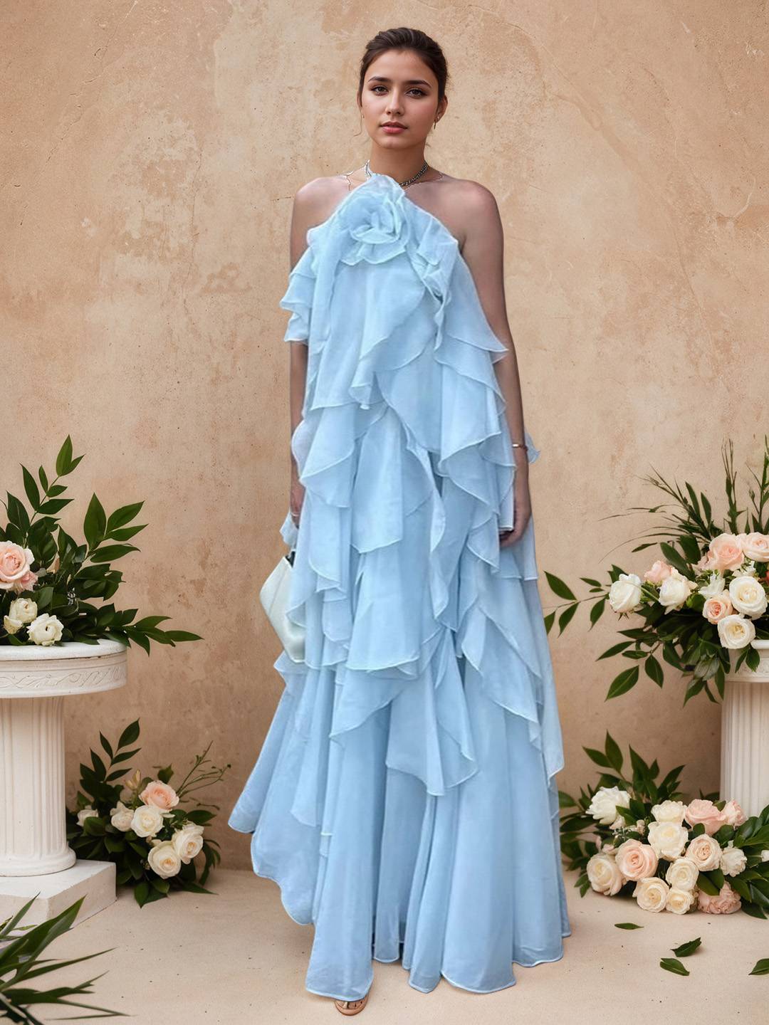 Cocolii longue robe de soirée licou à volantée dos nu à fines brides sans manches élégant robe anniversaire chic et romantique
