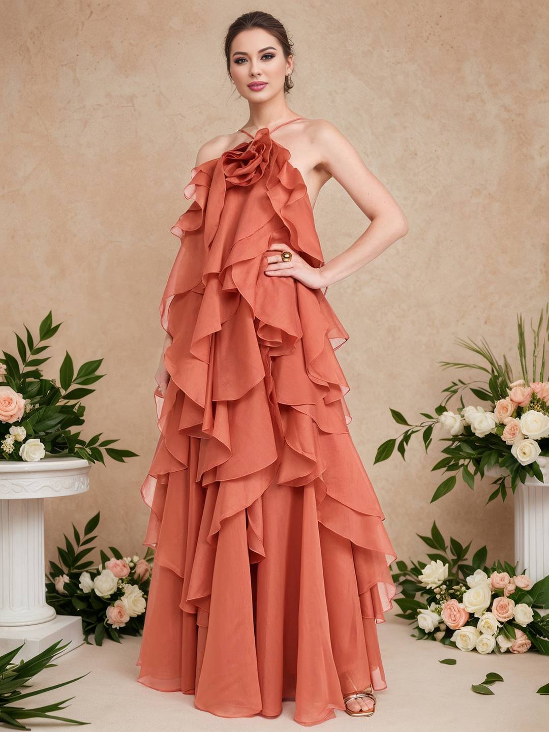 Cocolii longue robe de soirée licou à volantée dos nu à fines brides sans manches élégant robe anniversaire chic et romantique