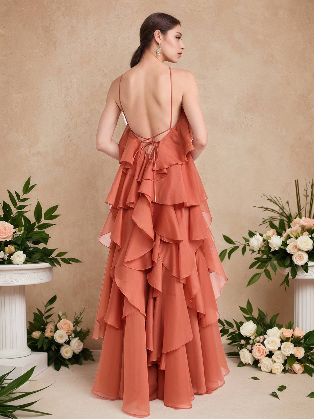 Cocolii longue robe de soirée licou à volantée dos nu à fines brides sans manches élégant robe anniversaire chic et romantique