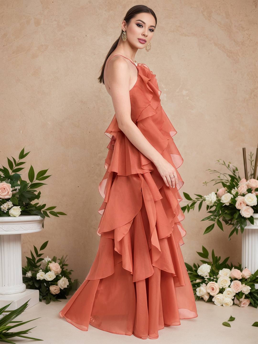 Cocolii longue robe de soirée licou à volantée dos nu à fines brides sans manches élégant robe anniversaire chic et romantique