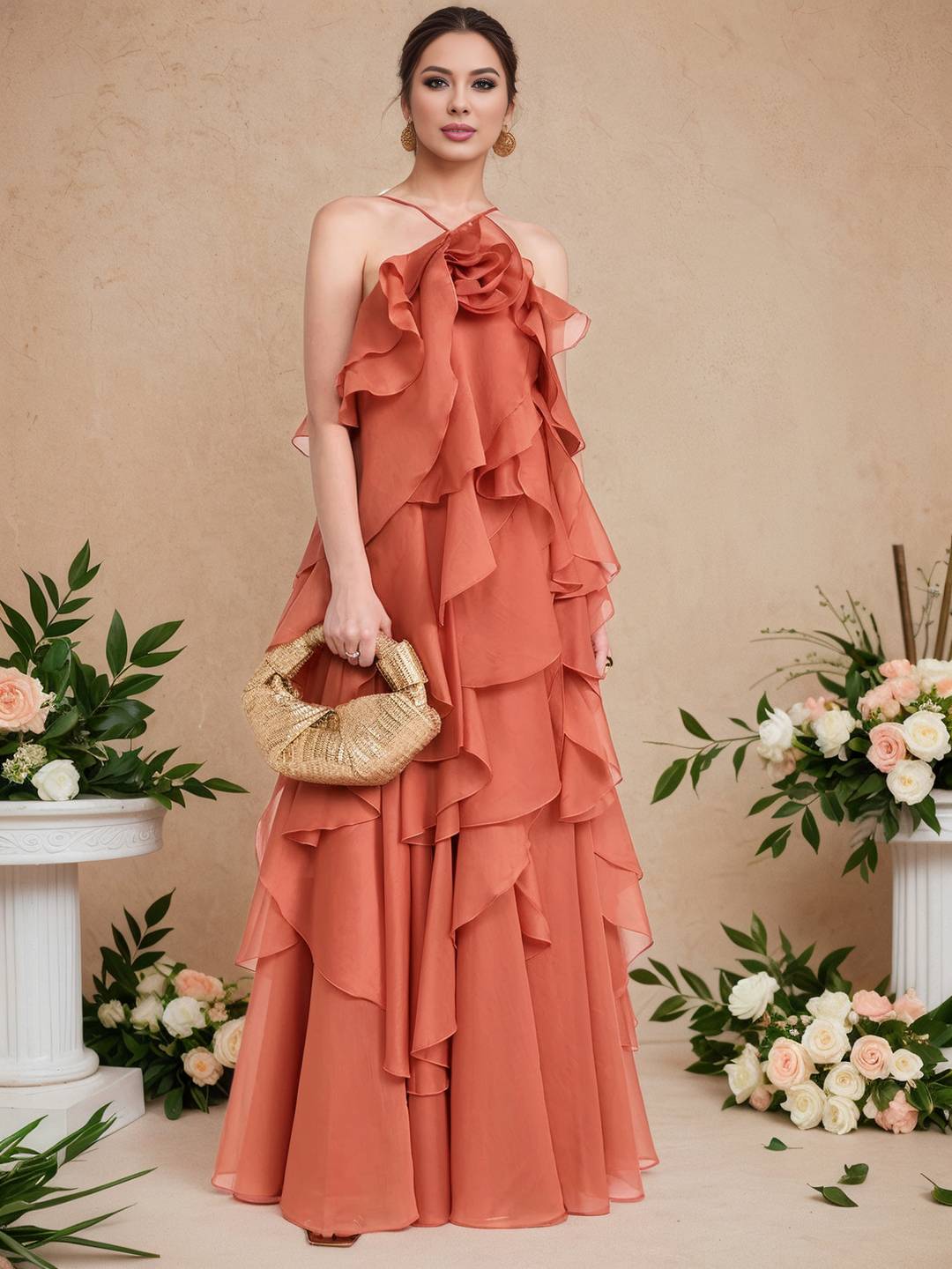Cocolii longue robe de soirée licou à volantée dos nu à fines brides sans manches élégant robe anniversaire chic et romantique