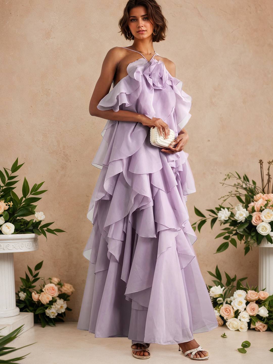 Cocolii longue robe de soirée licou à volantée dos nu à fines brides sans manches élégant robe anniversaire chic et romantique