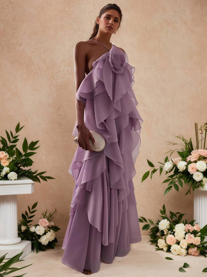 Cocolii longue robe de soirée licou à volantée dos nu à fines brides sans manches élégant robe anniversaire chic et romantique