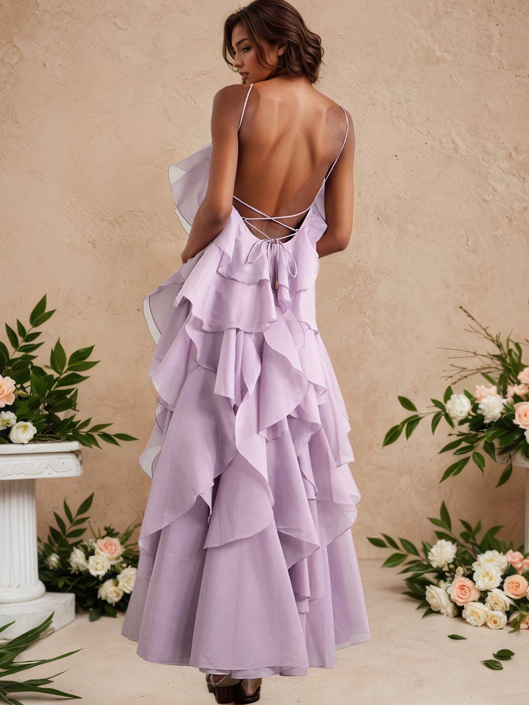 Cocolii longue robe de soirée licou à volantée dos nu à fines brides sans manches élégant robe anniversaire chic et romantique