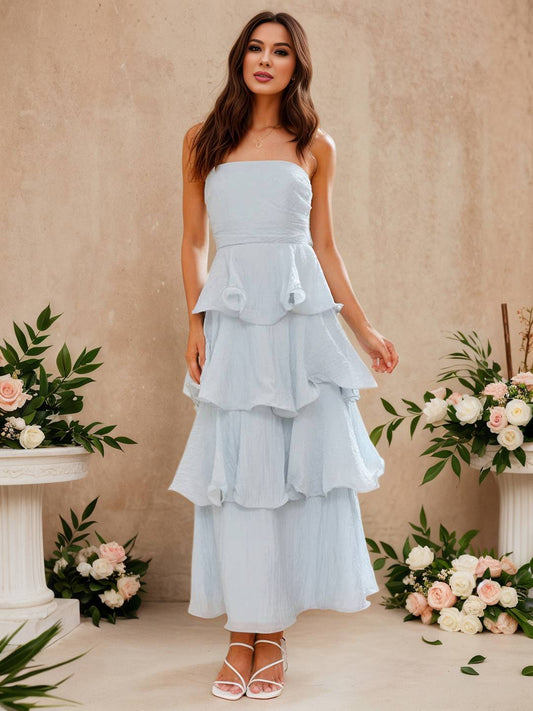 Cocolii longue robe anniversaire bustier à volants étagés dos nu élégant de fete pour soirées cocktails et mariages