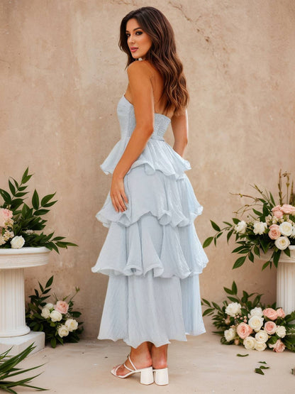 Cocolii longue robe anniversaire bustier à volants étagés dos nu élégant de fete pour soirées cocktails et mariages