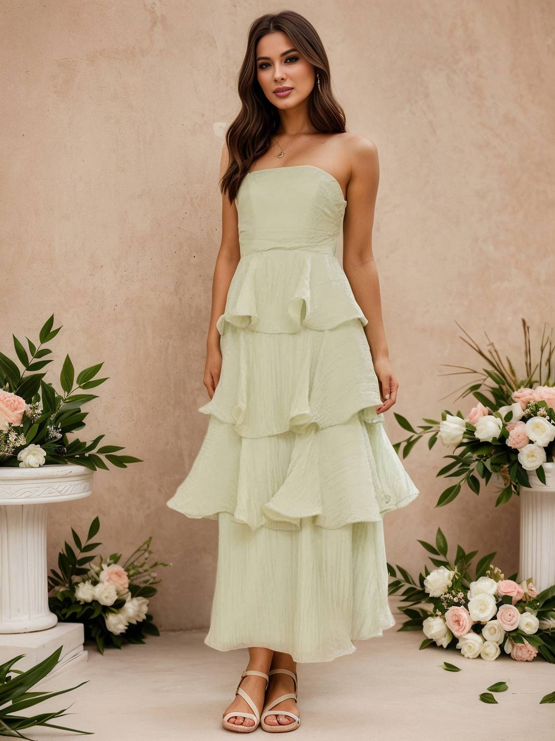 Cocolii longue robe anniversaire bustier à volants étagés dos nu élégant de fete pour soirées cocktails et mariages