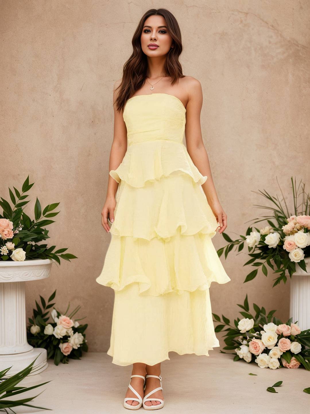 Cocolii longue robe anniversaire bustier à volants étagés dos nu élégant de fete pour soirées cocktails et mariages