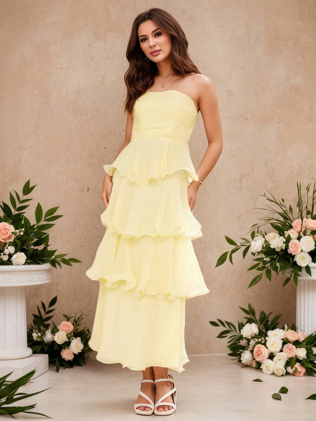 Cocolii longue robe anniversaire bustier à volants étagés dos nu élégant de fete pour soirées cocktails et mariages