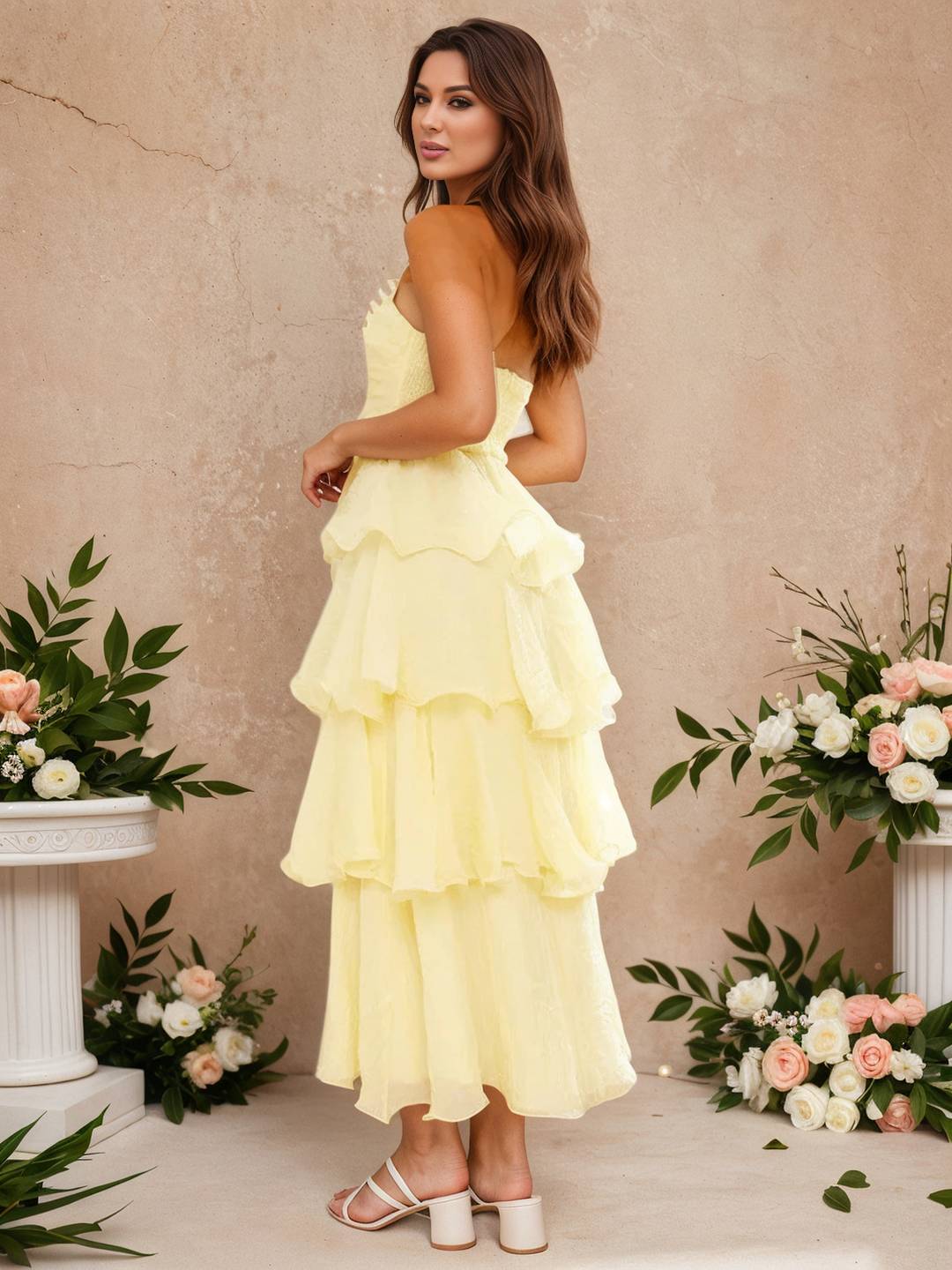 Cocolii longue robe anniversaire bustier à volants étagés dos nu élégant de fete pour soirées cocktails et mariages