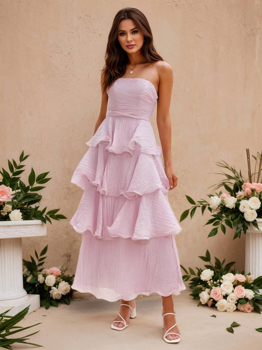 Cocolii longue robe anniversaire bustier à volants étagés dos nu élégant de fete pour soirées cocktails et mariages