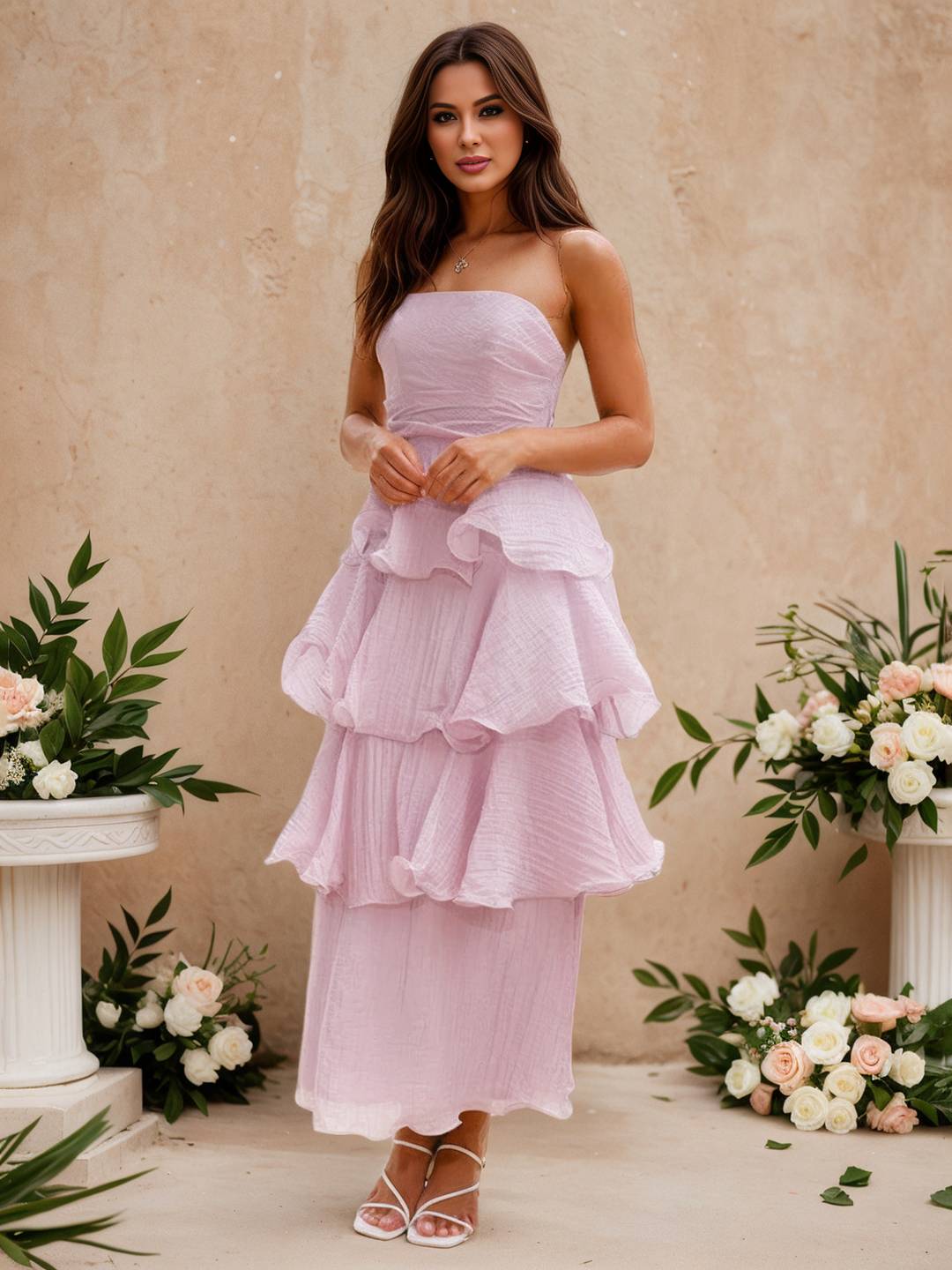 Cocolii longue robe anniversaire bustier à volants étagés dos nu élégant de fete pour soirées cocktails et mariages