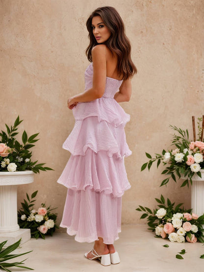 Cocolii longue robe anniversaire bustier à volants étagés dos nu élégant de fete pour soirées cocktails et mariages