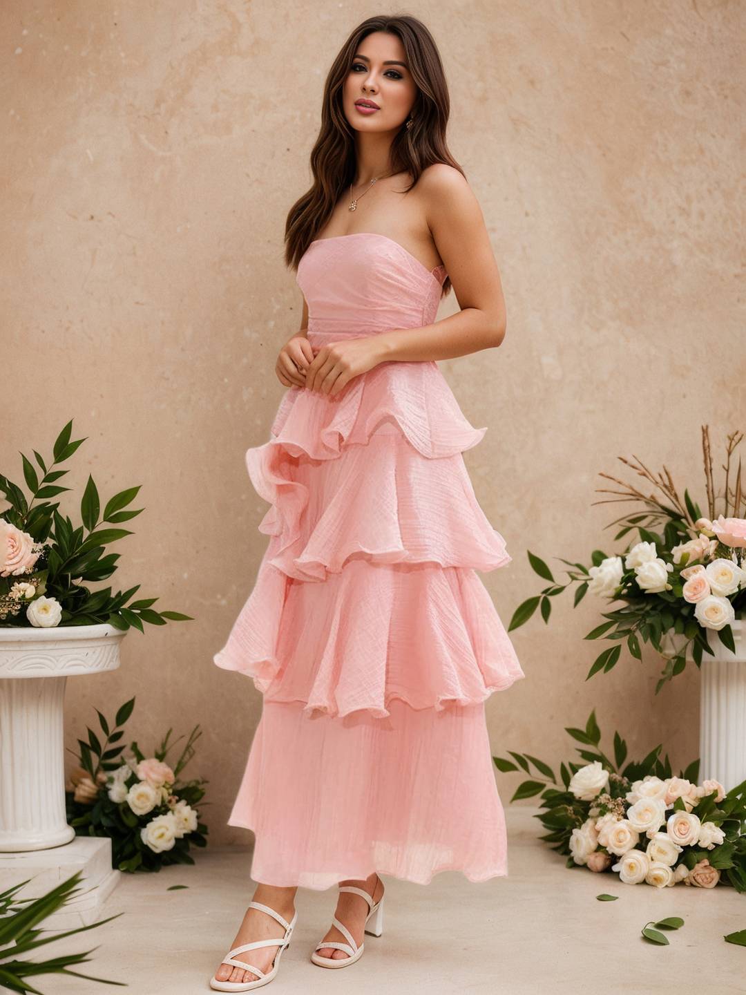 Cocolii longue robe anniversaire bustier à volants étagés dos nu élégant de fete pour soirées cocktails et mariages