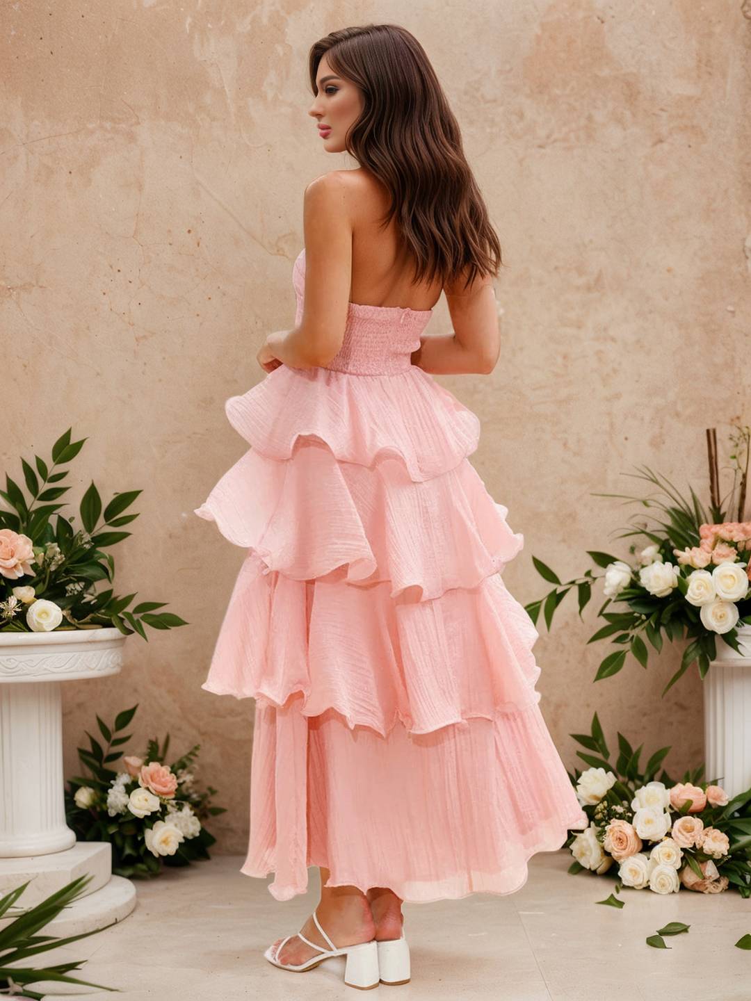 Cocolii longue robe anniversaire bustier à volants étagés dos nu élégant de fete pour soirées cocktails et mariages