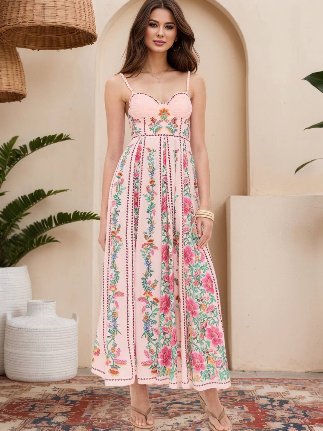 Cocolii robe longue imprimé à fleurie pearl à fines brides sans manches femme bohème décontracté de plage d'été