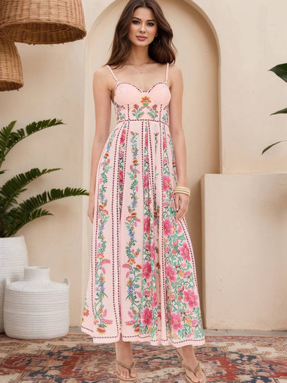 Cocolii robe longue imprimé à fleurie pearl à fines brides sans manches femme bohème décontracté de plage d'été