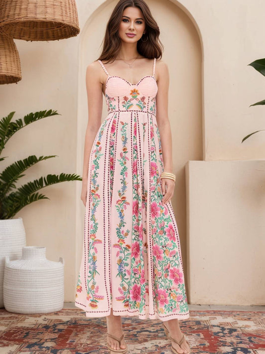 Cocolii robe longue imprimé à fleurie pearl à fines brides sans manches femme bohème décontracté de plage d'été