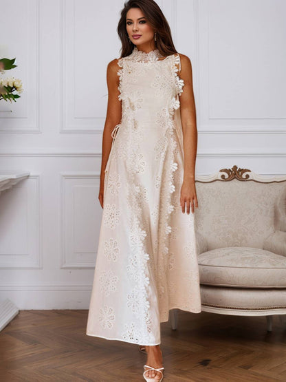 Cocolii robe longue dentelle brodée col carré sans manches femme doux élégant de soirée anniversaire cérémonie de plage