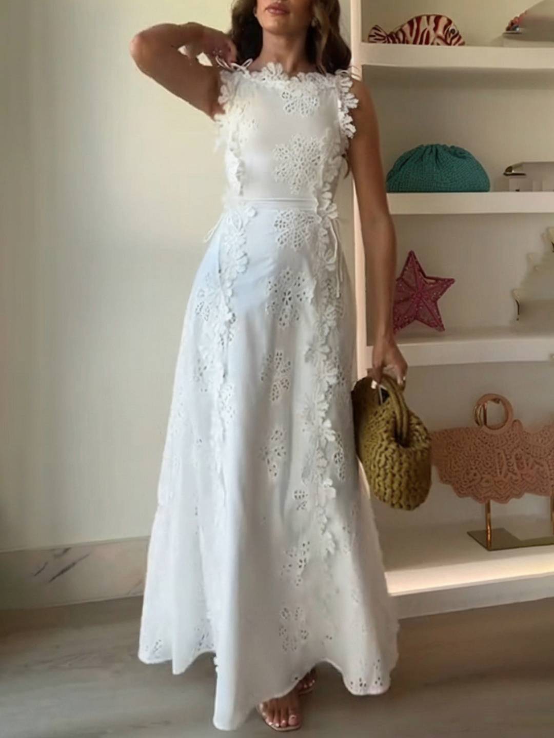 Cocolii robe longue dentelle brodée col carré sans manches femme doux élégant de soirée anniversaire cérémonie de plage