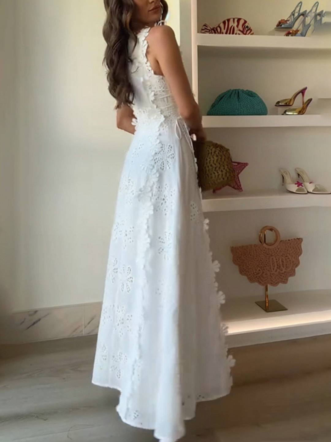 Cocolii robe longue dentelle brodée col carré sans manches femme doux élégant de soirée anniversaire cérémonie de plage