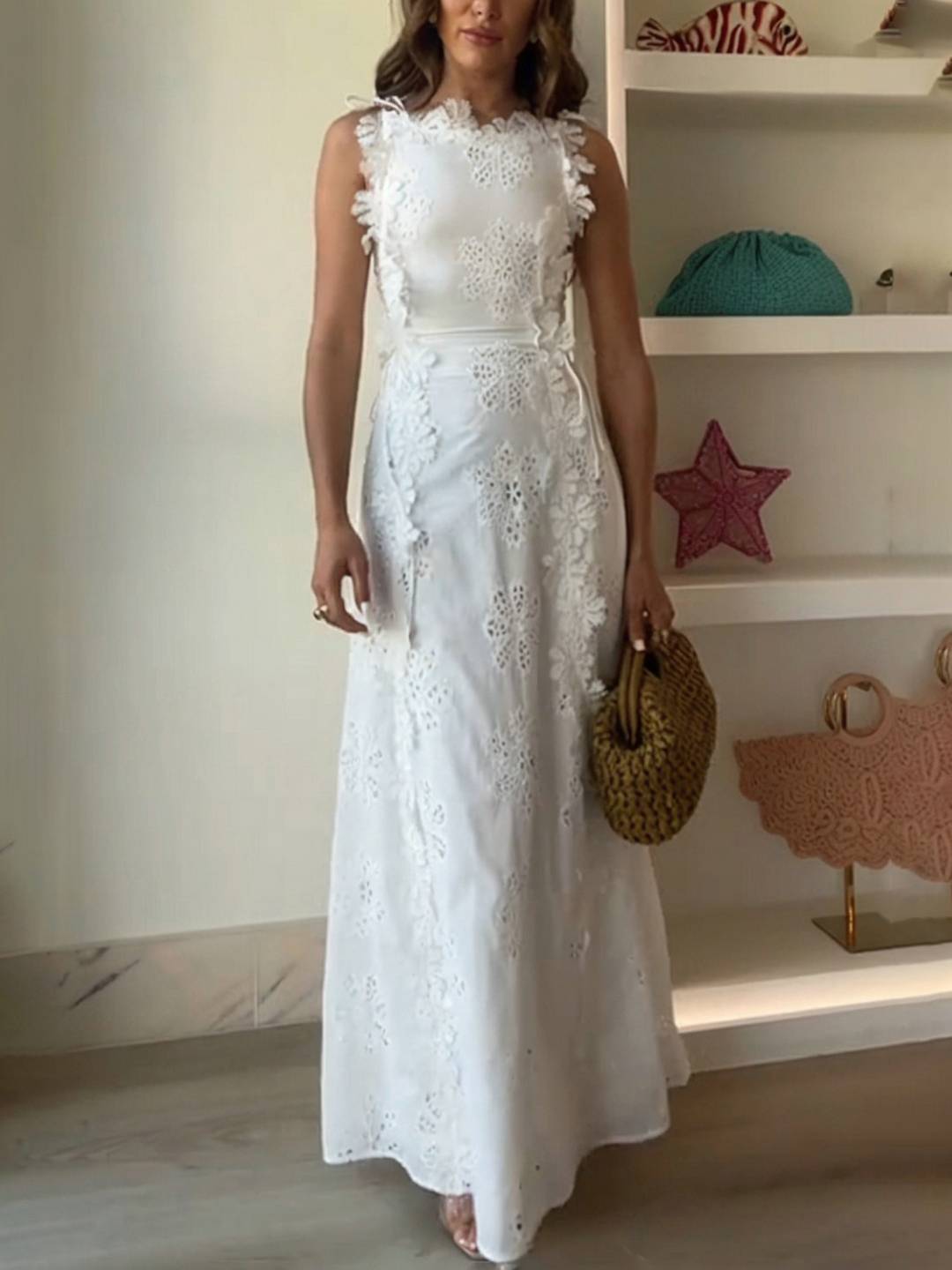 Cocolii robe longue dentelle brodée col carré sans manches femme doux élégant de soirée anniversaire cérémonie de plage